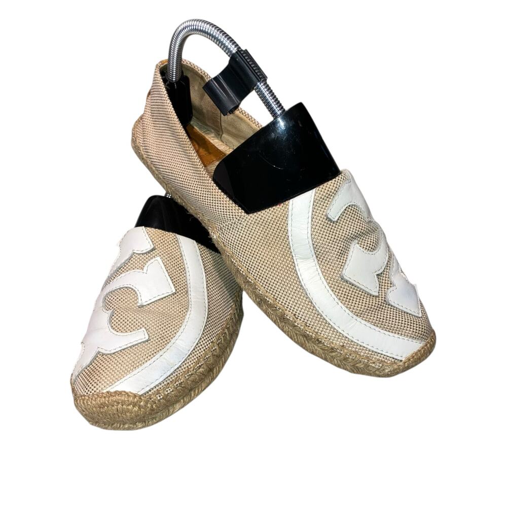 Tory Burch Lonnie Tan and White Logo Espadrille Flat-size 9.5